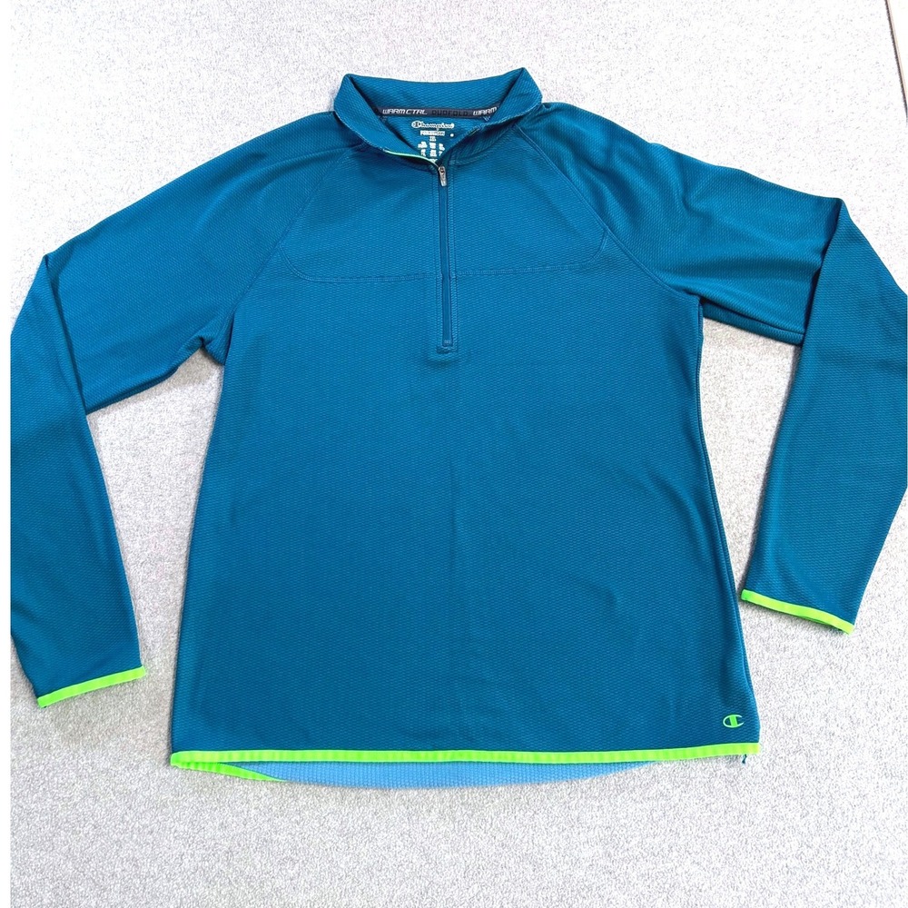 Champion Pullover Womens XL Teal Blue Neon Green Duofold Warm Ctrl Quarter Zip